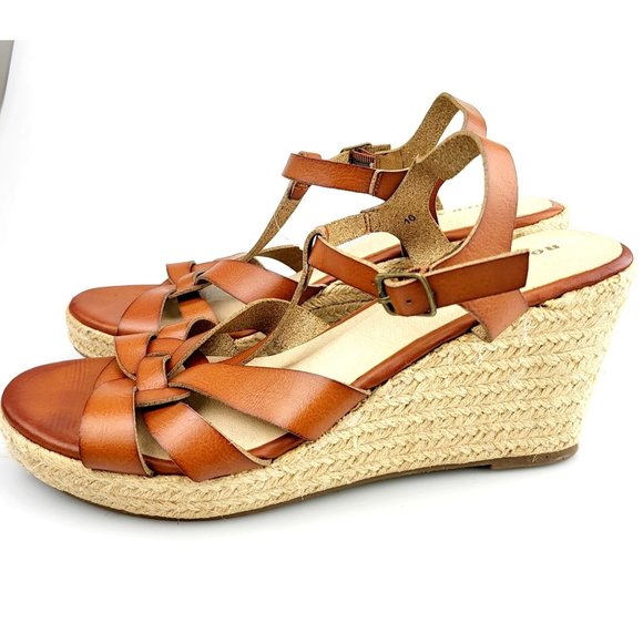 NEW ROCK & CANDY Brown Leather Espadrilles Wedge‎ 10 Platform Open Toe Strappy - Picture 1 of 13